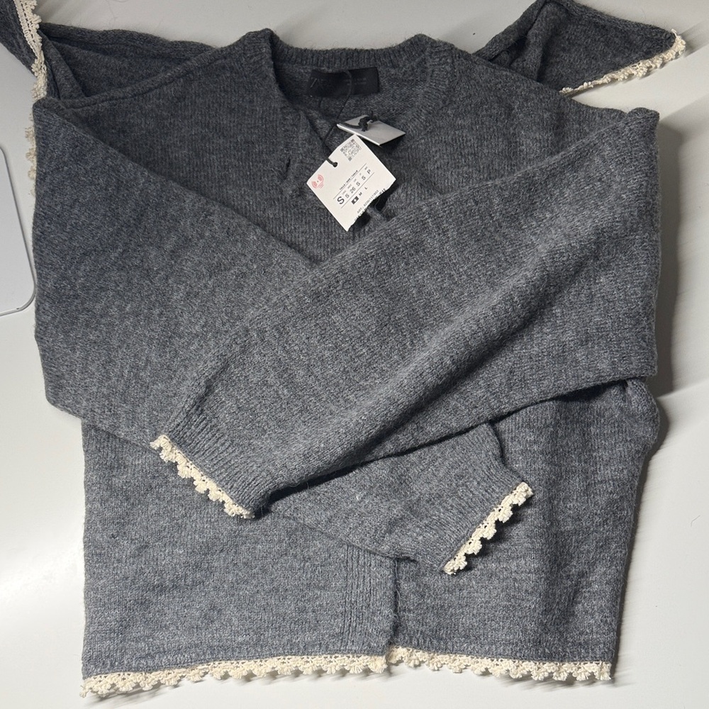 Zara Gray V-Neck Sweater with Cream Crochet Trim Scarf Detail